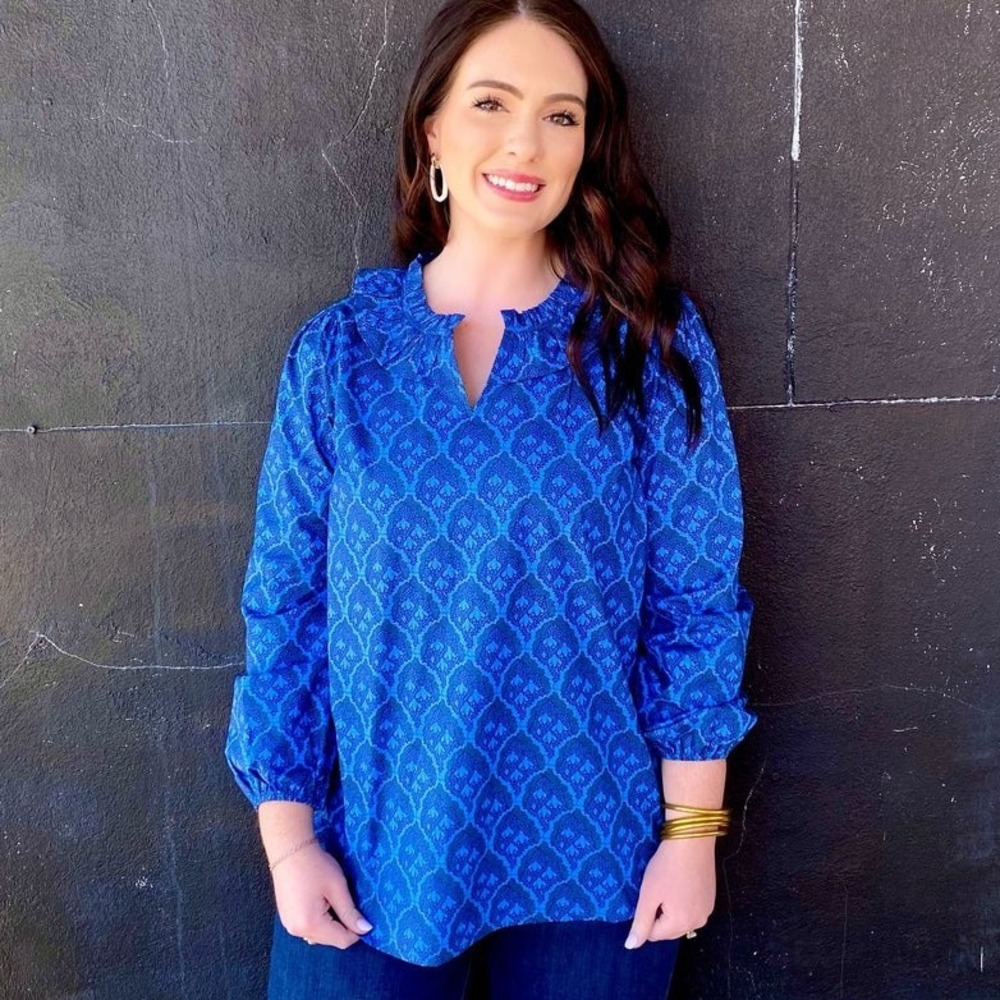 Washco Blue Cotton Ruffle Long Sleeve Folk Blouse Heritage Floral Size XL